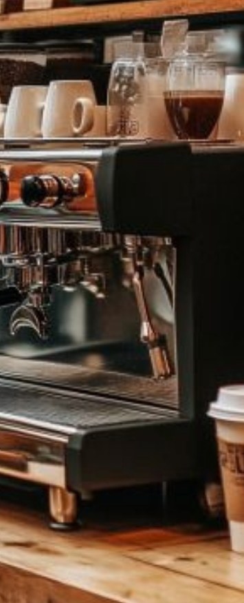 An espresso machine on a cafe counter beside a takeaway cup